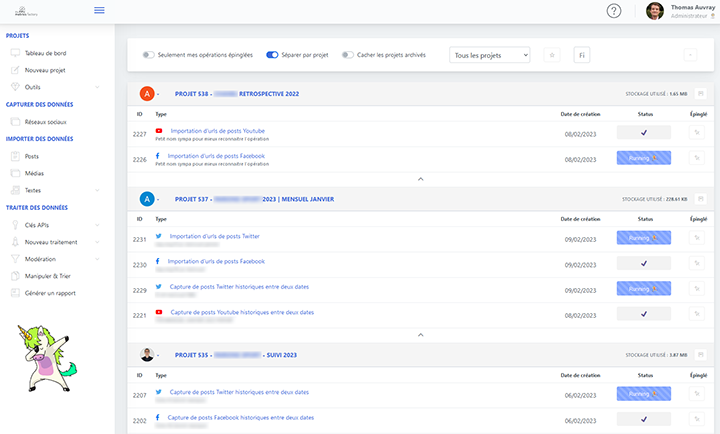 Interface des projets créés dans Jarvis