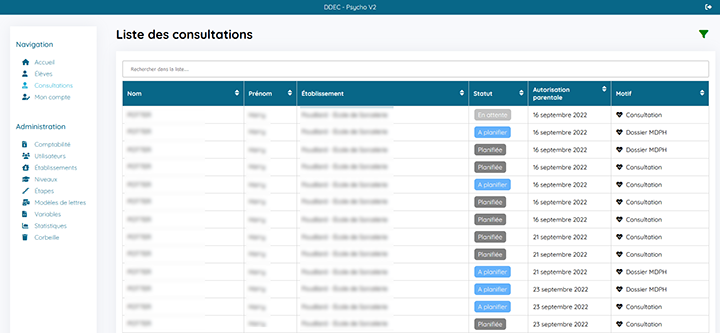 Interface des interventions psychologiques de PSYCAJOUR
